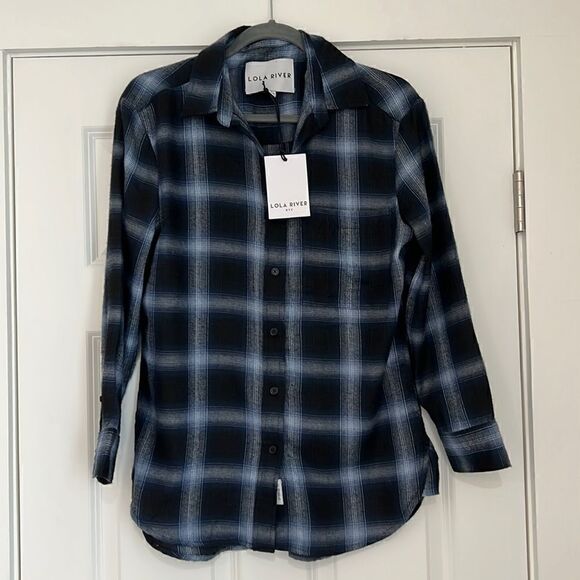 NWT Lola River Issac Midnight Blue Flannel Plaid Button Down Oversized Fit - XS - Picture 1 of 8